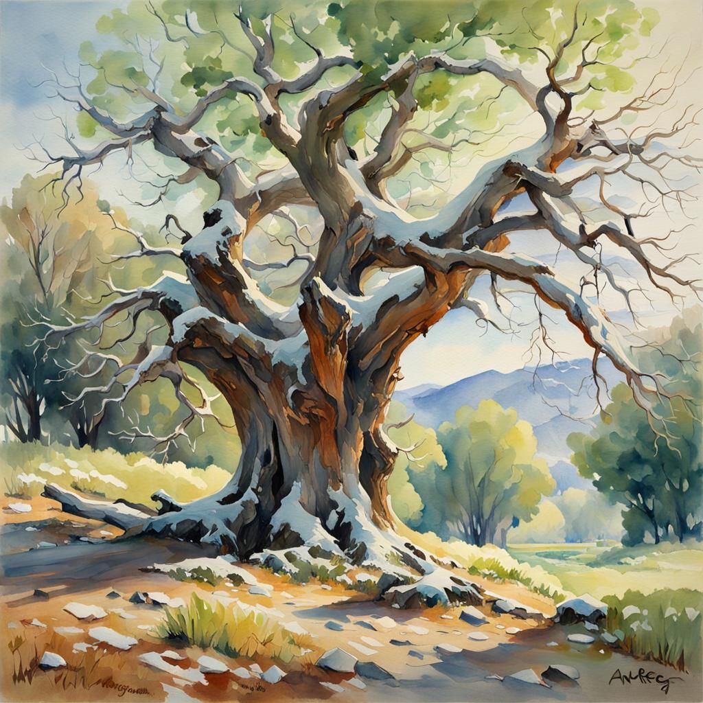 Ancient Tree Survives Late Winter: Watercolor Painting