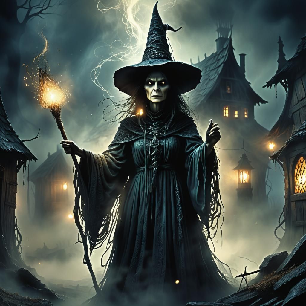 Eerie Cottage Witch with Besom in Dark Fantasy Style