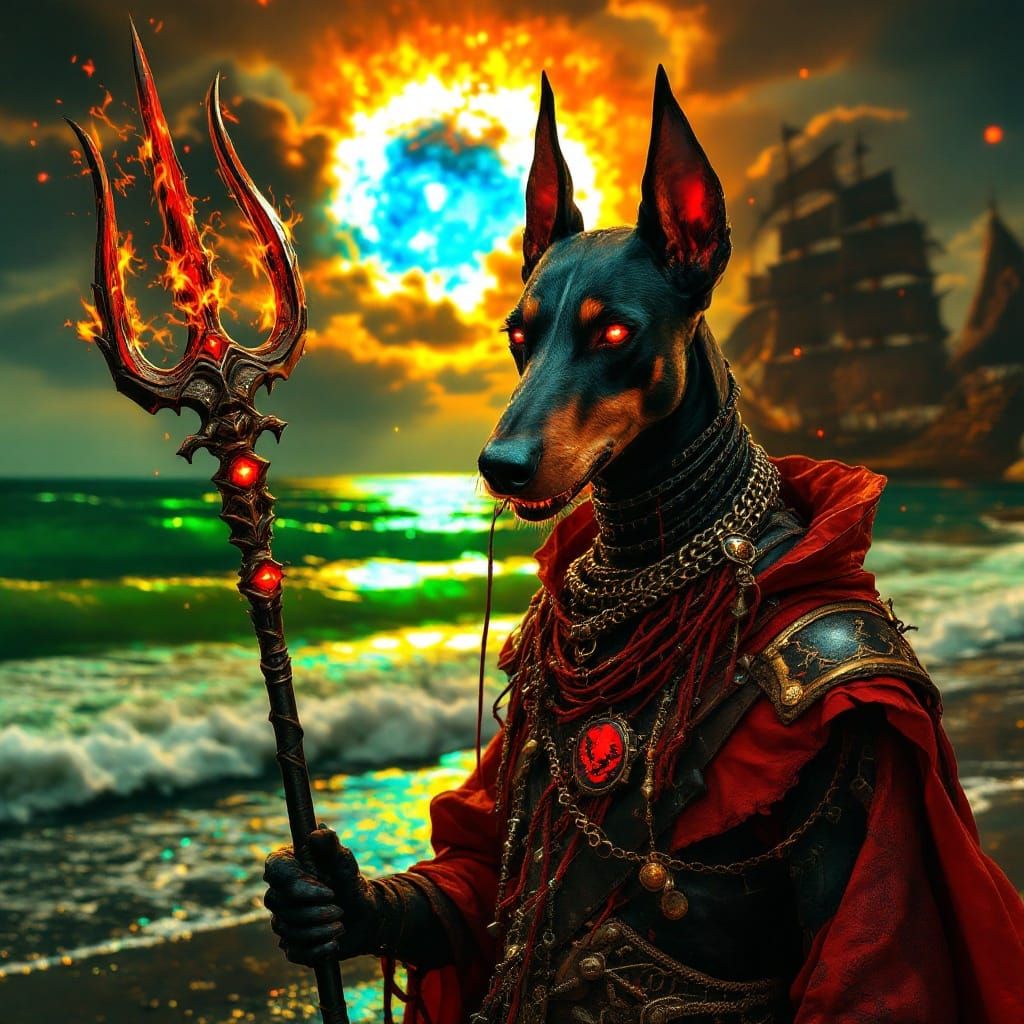 Mystical Doberman Witch on Black Sand Beach