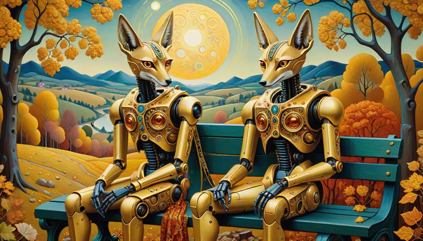 Robot God Oversees Autumn Landscape as Oil Painting