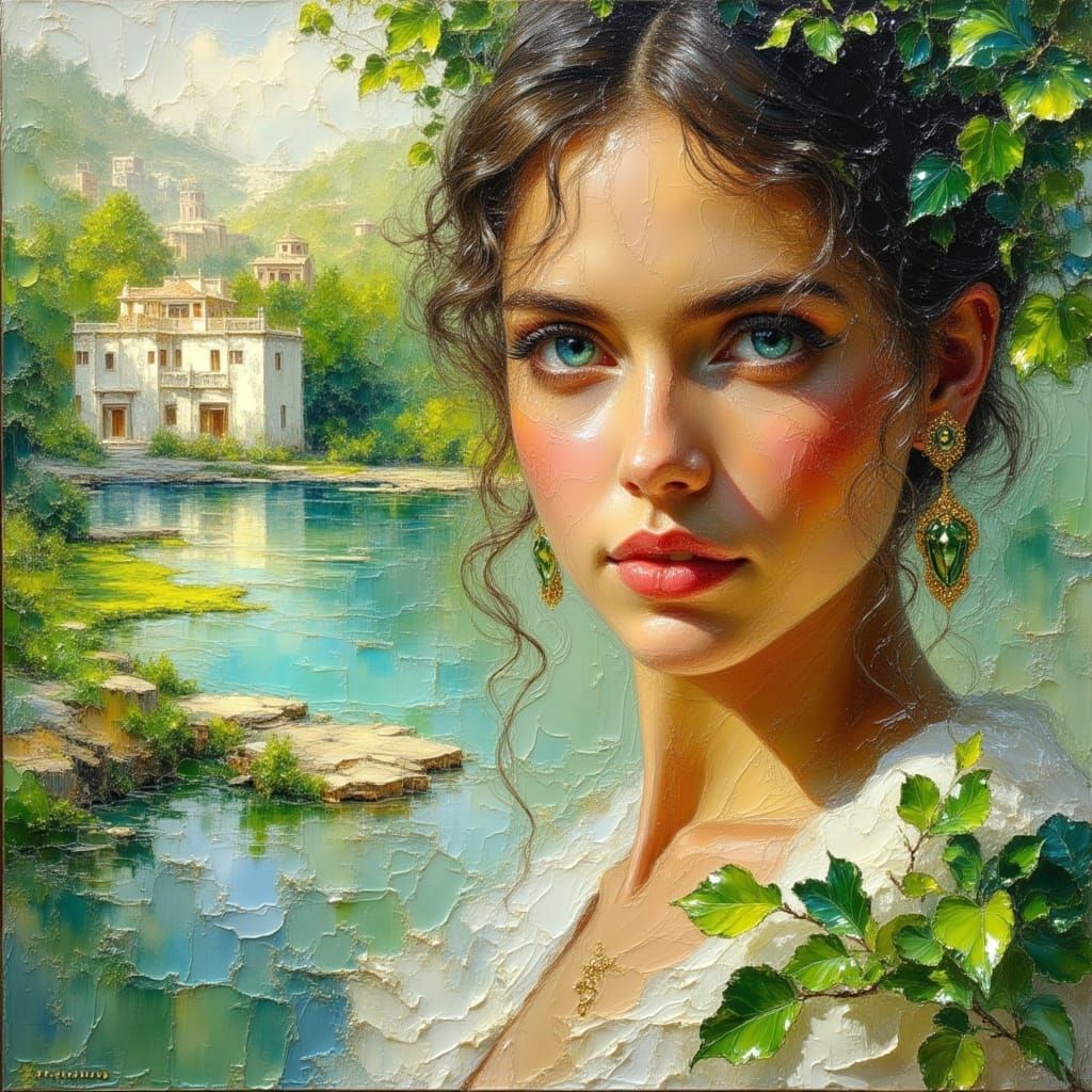 Arabic Woman with Blue-Green Eyes: Impasto Oil Painting