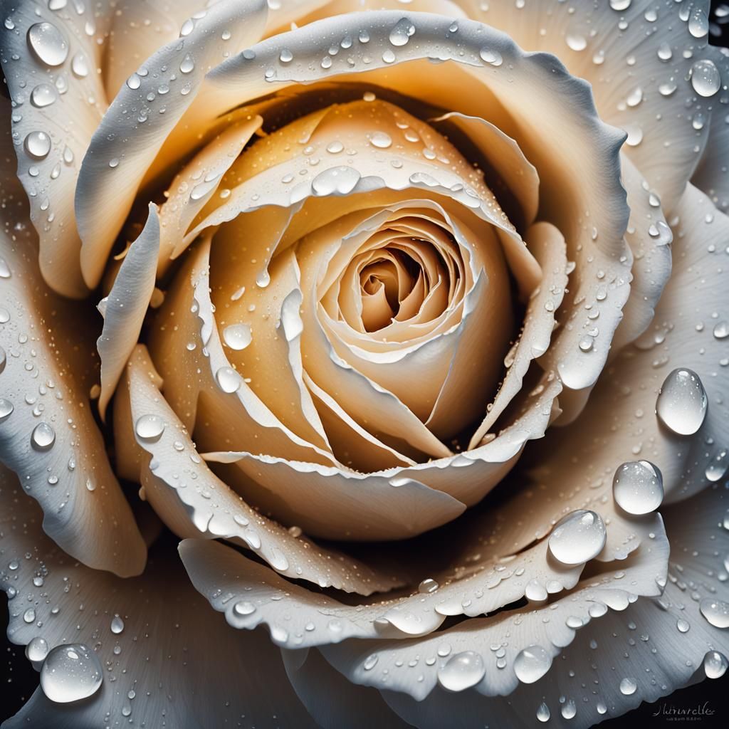 White Rose with Water Droplets in Surreal Oil Painting