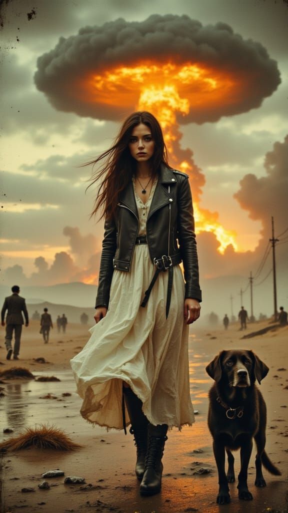 Apocalyptic Woman and Dog in Dystopian Landscape