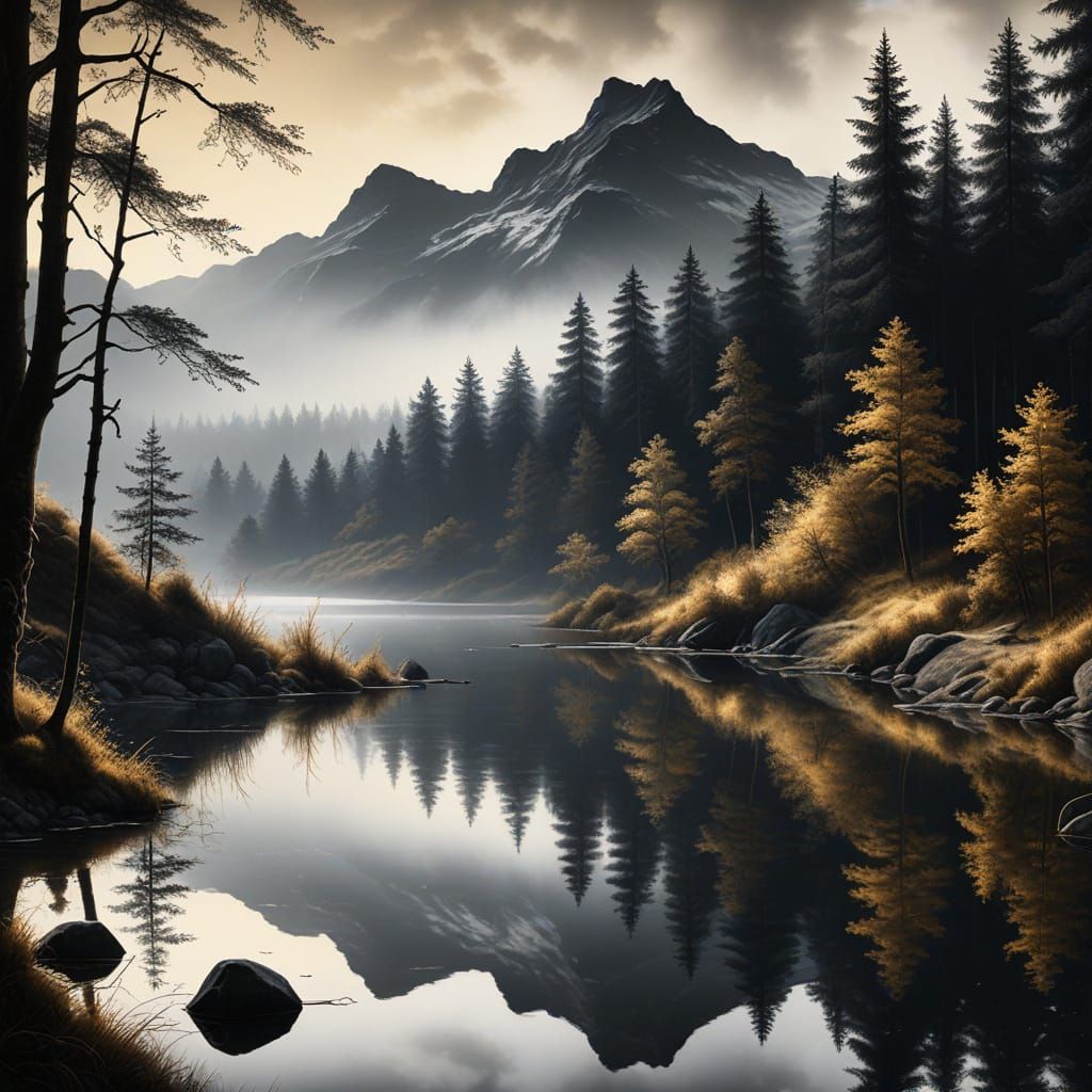 Dramatic Black and White Lake Landscape