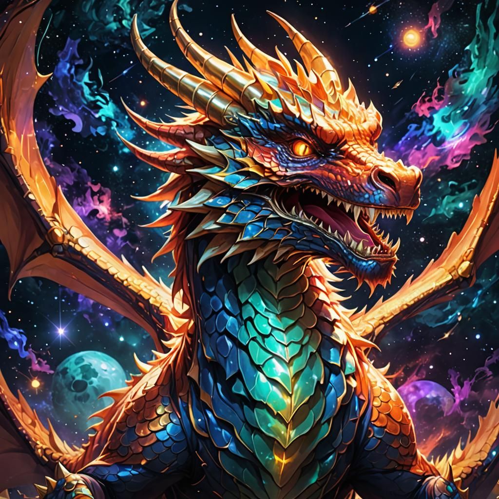 Anime Dragon Roaring in Space: Glitchcore Digital Art