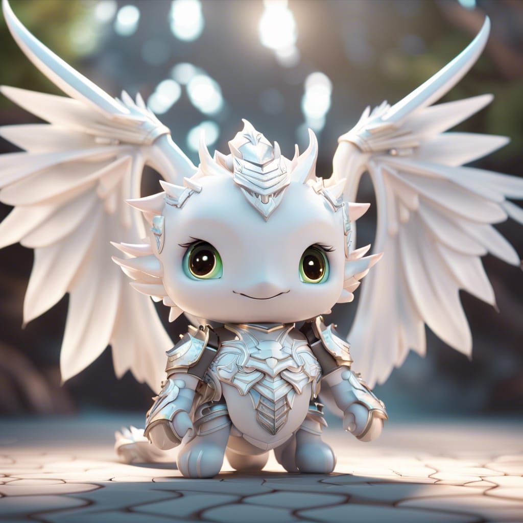 Dragon Knight, kawaii style, wearing armour, White, angel wings spread out