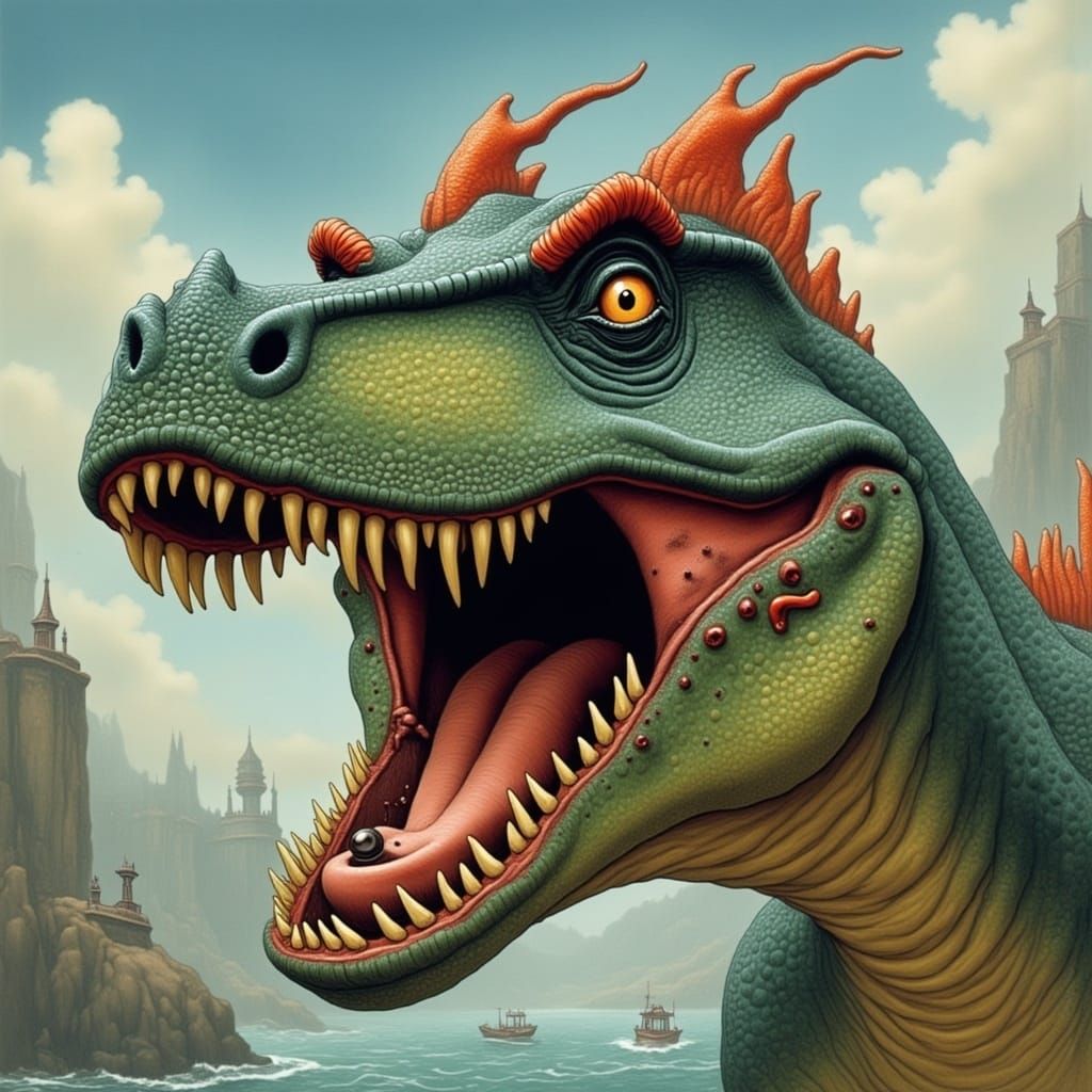 Ichthyosaurus Portrait with a Grin in Surreal Style