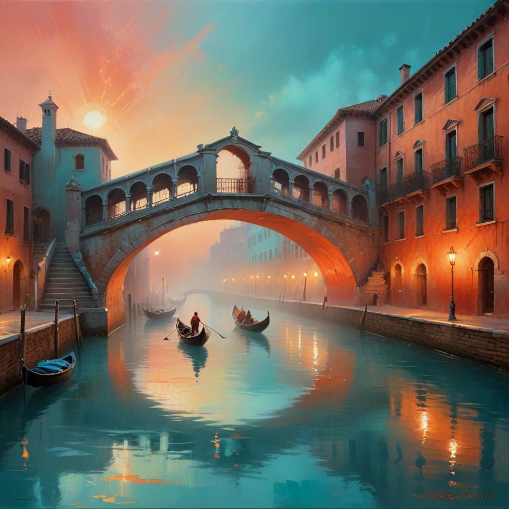 Vibrant Gondola Cruises Under Arched Bridge in Dreamy Renais...