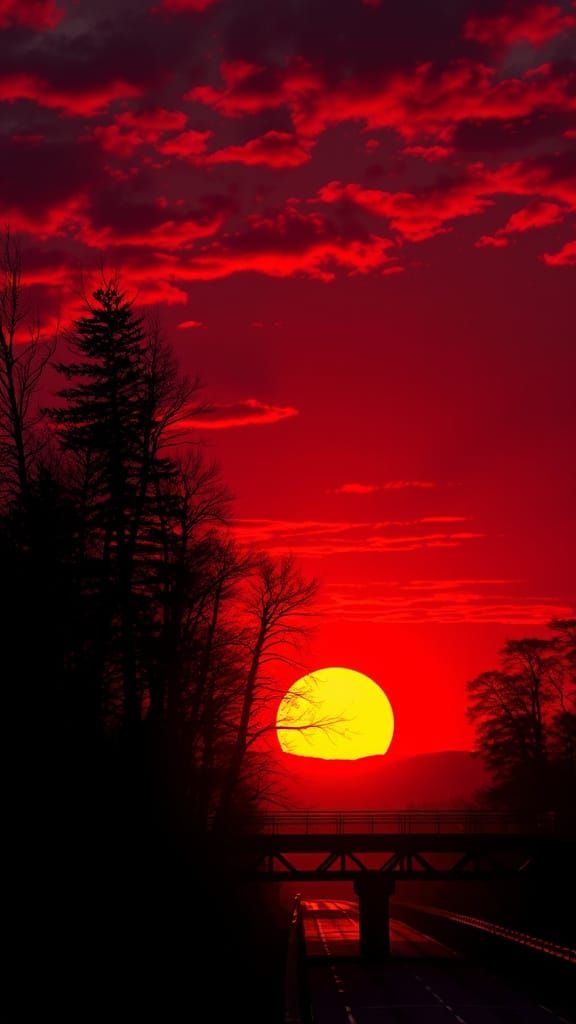 Dramatic Sunset Over Dark Landscape in Realism Style