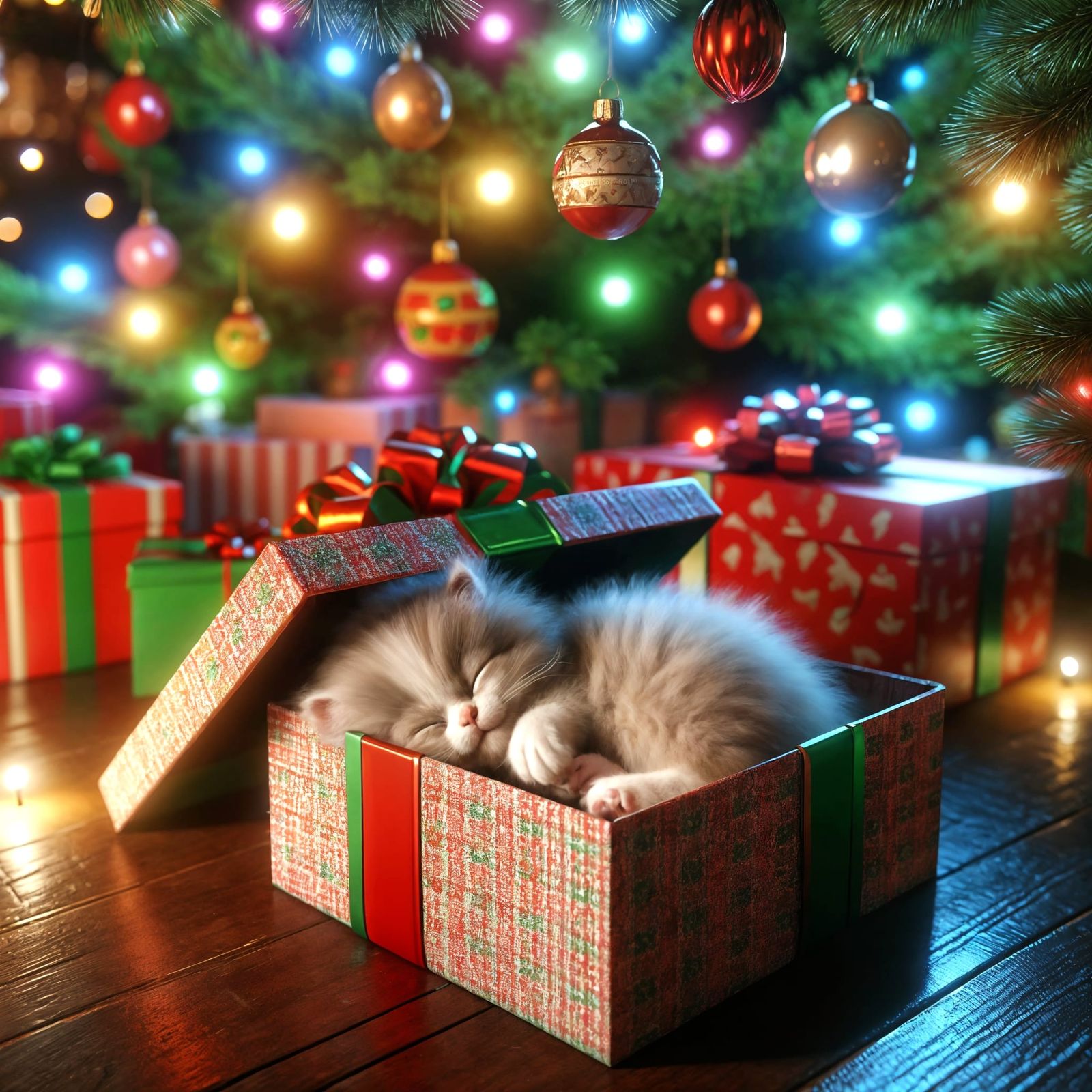 Cozy Christmas Kitten Under Vintage Tree