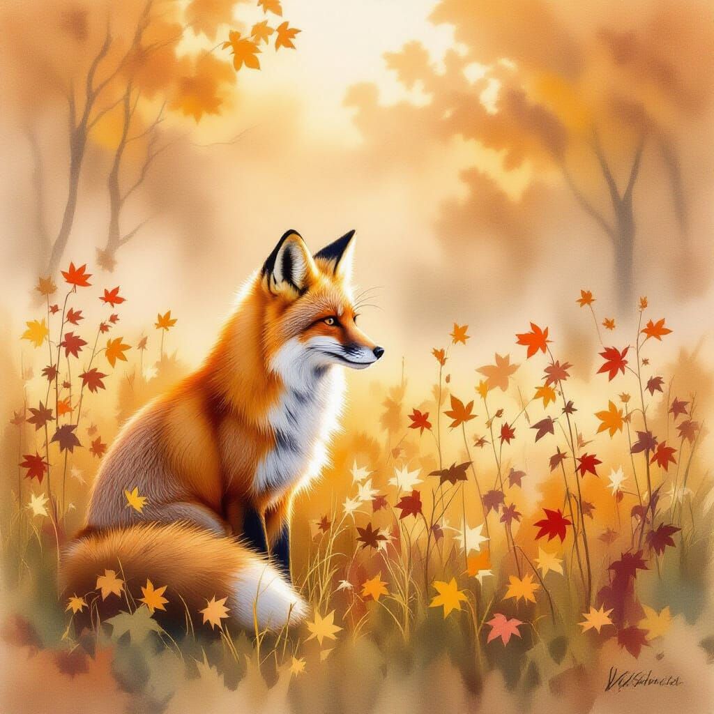 Red Fox in Misty Meadow: Dreamy Watercolour Painting