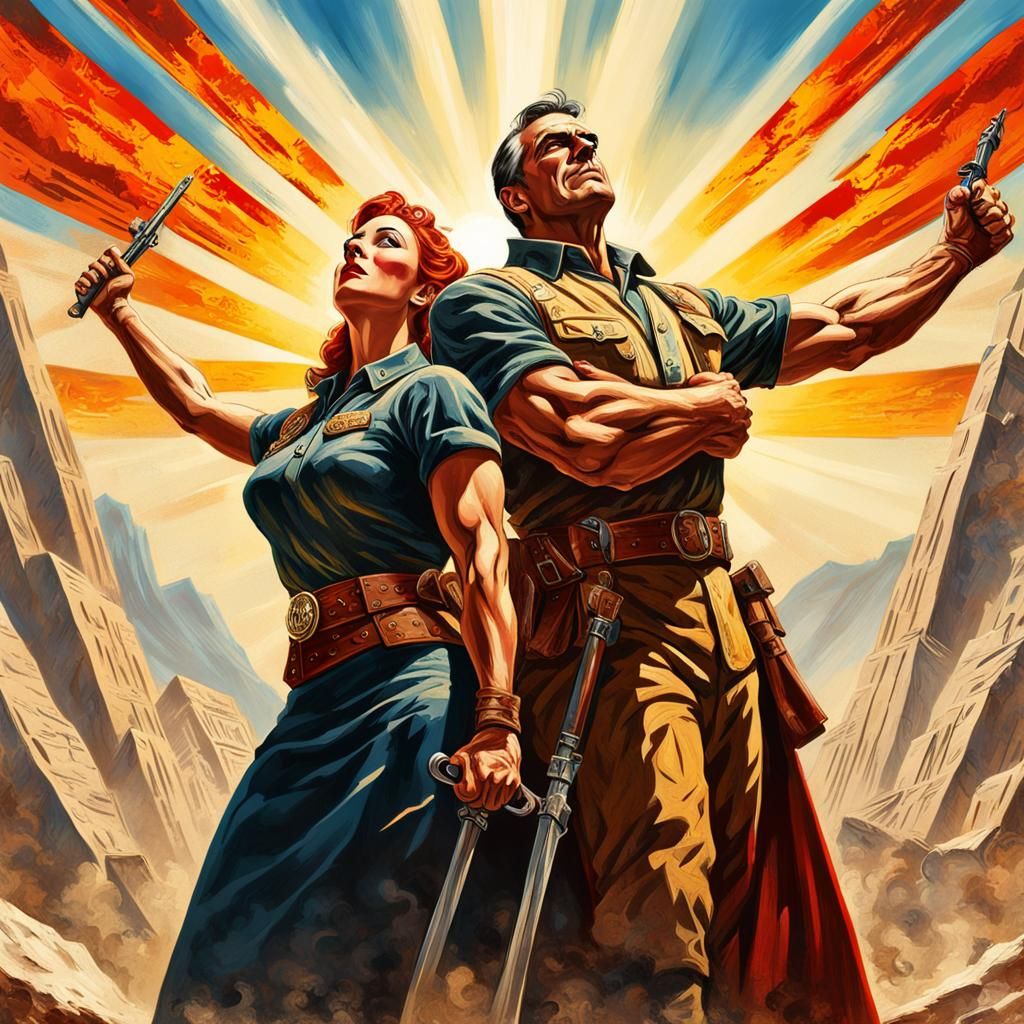 Heroic Couple in a Vintage Propaganda Poster
