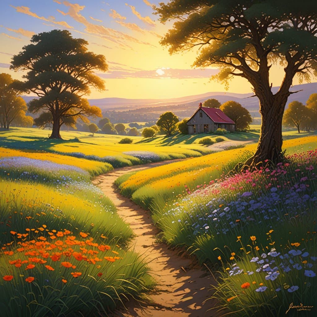 Giant's Shadow Over Sunlit Meadow: An Impressionist Oil Pain...