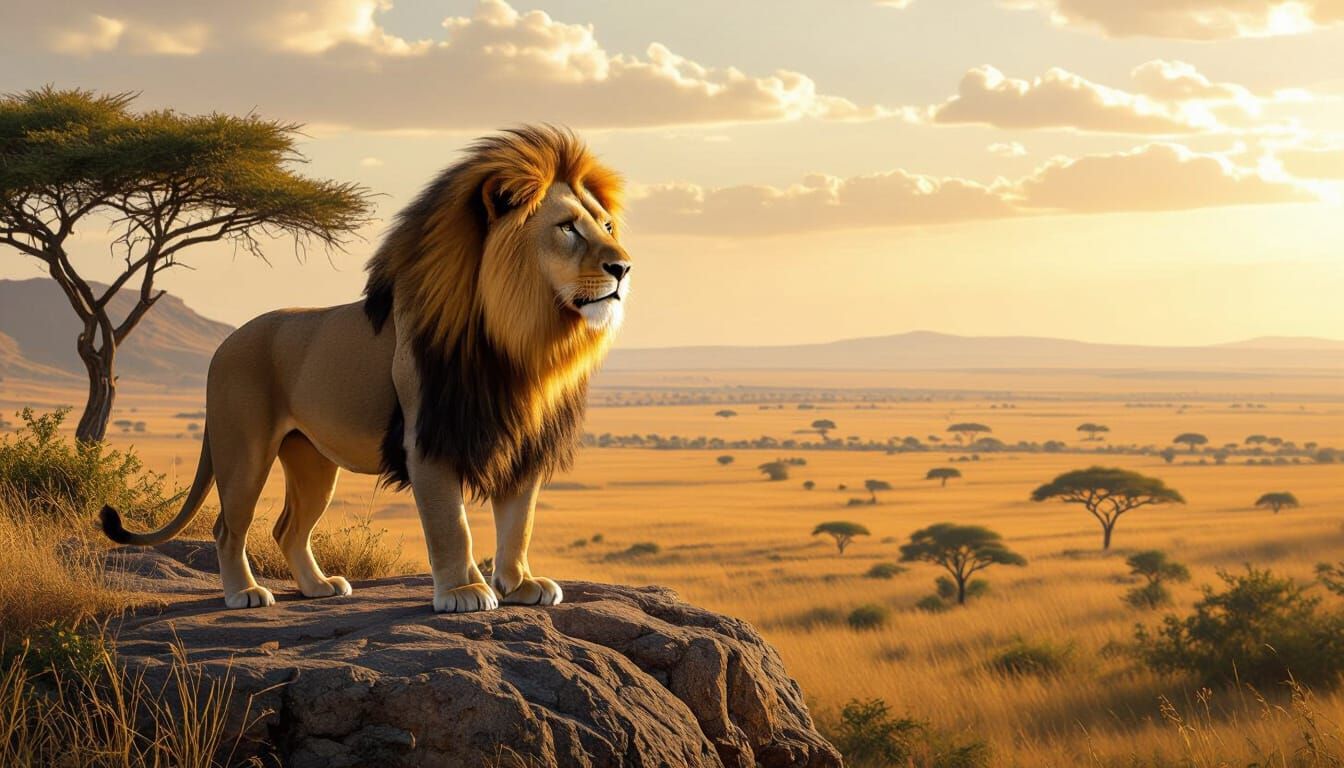 Majestic Lion Overlooking Sun-Drenched Savanna