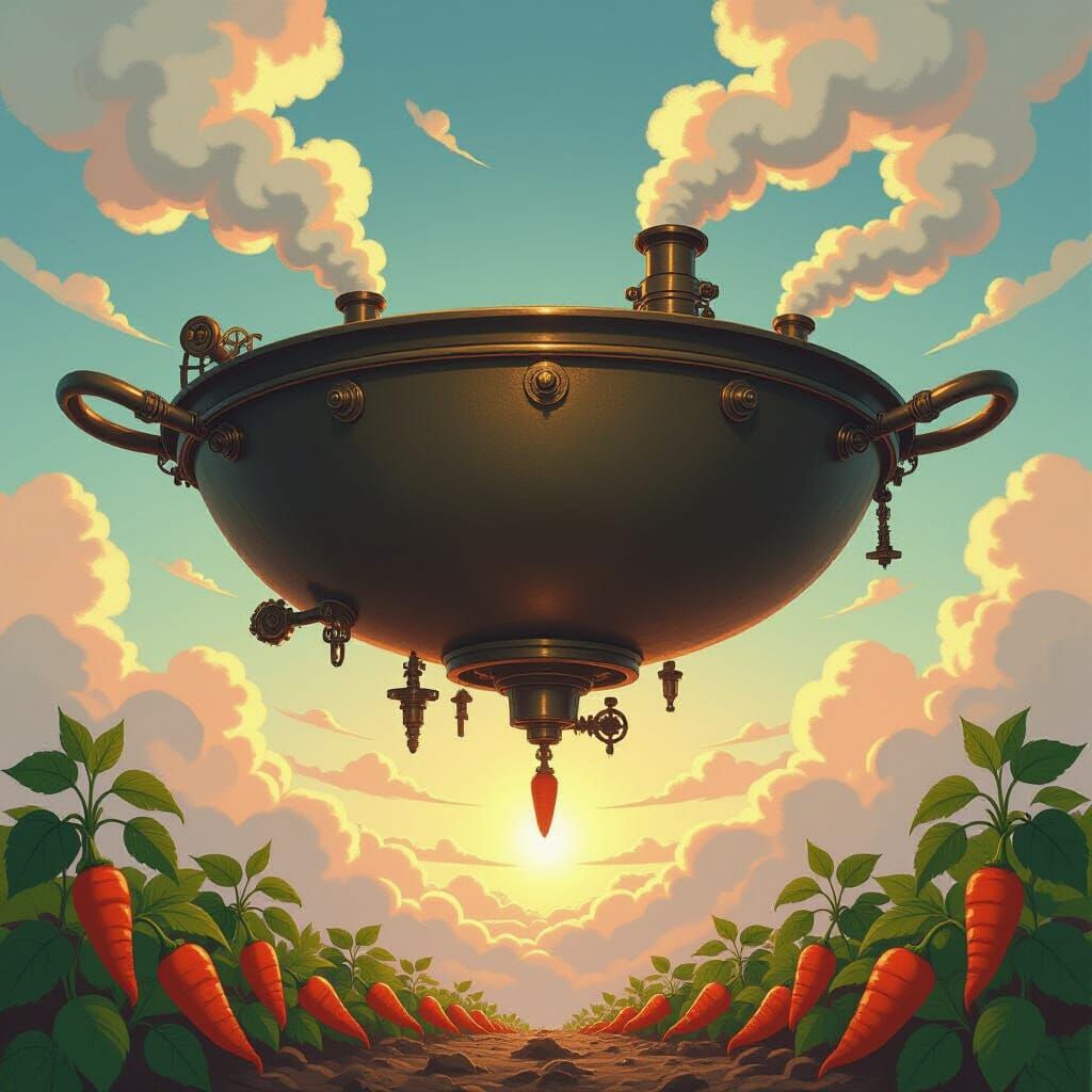 Steampunk Flying Frying Pan with Vegetables