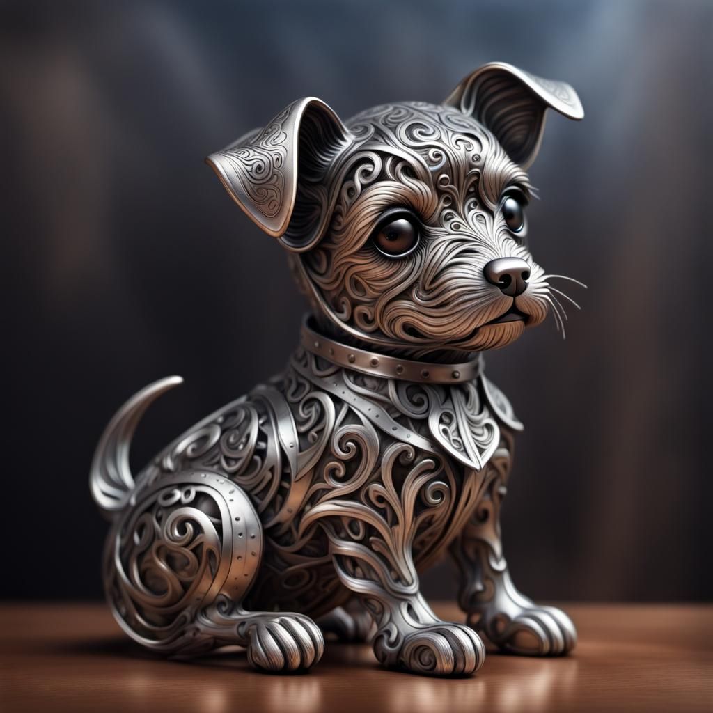 Hyperrealistic Metal Puppy Art in Intricate Detail
