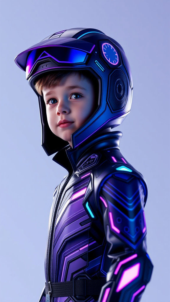 Cyberpunk Superhero Boy in High-Tech Costume