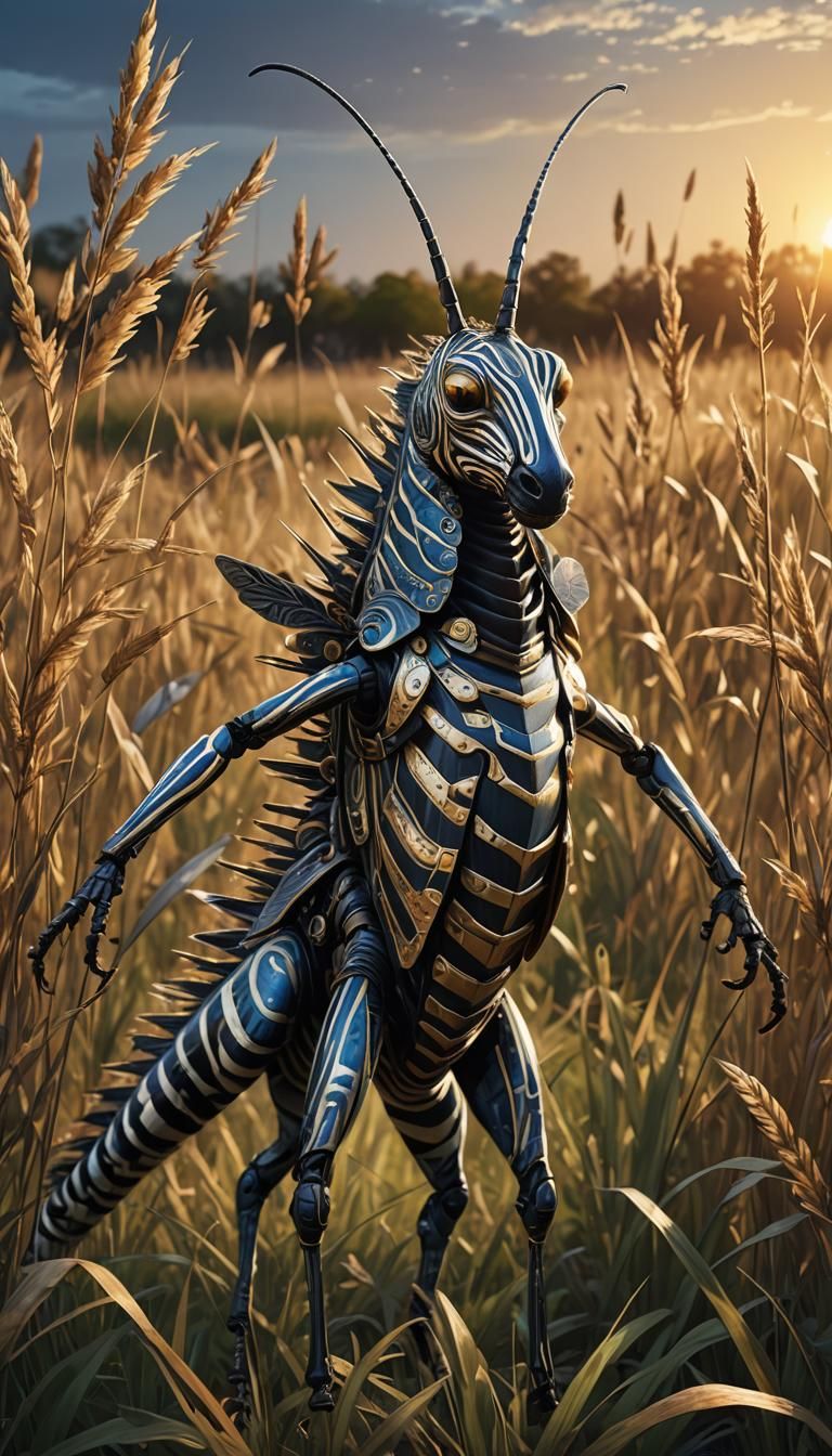 Majestic Zebra-Grasshopper Hybrid in a Fantasy Landscape