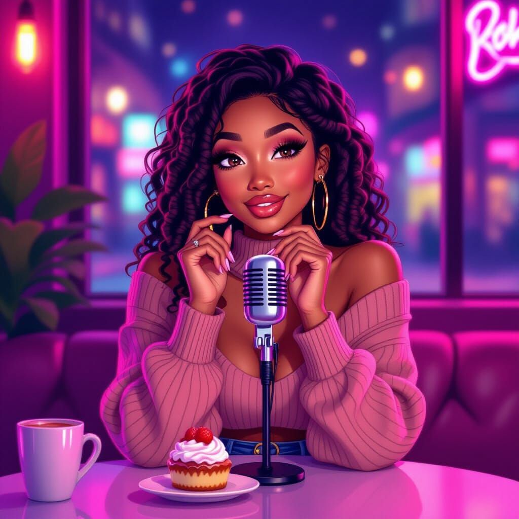 ASMR Influencer Whispering at Neon Cafe Table