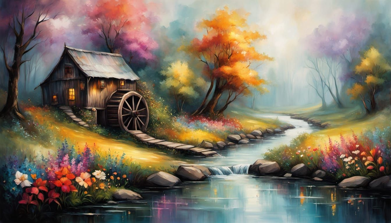 Whimsical Watermill Dreamscape in Mixed Media