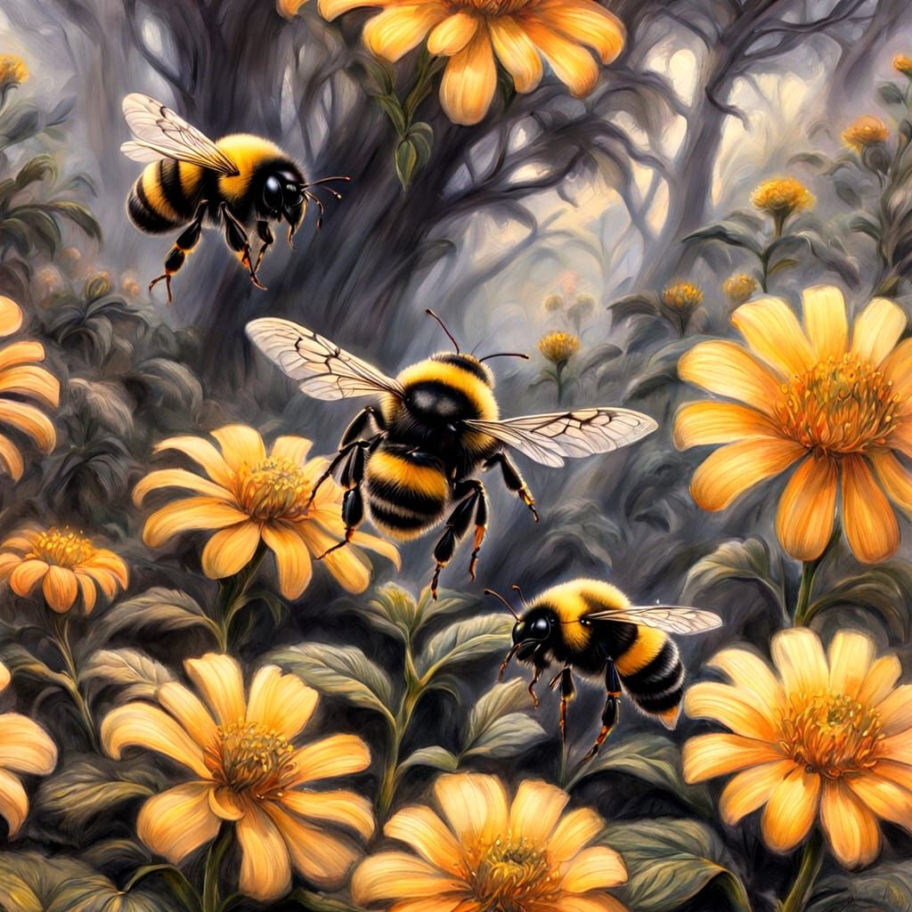 Bumblebee in Ethereal Gouache Style Charcoal Drawing