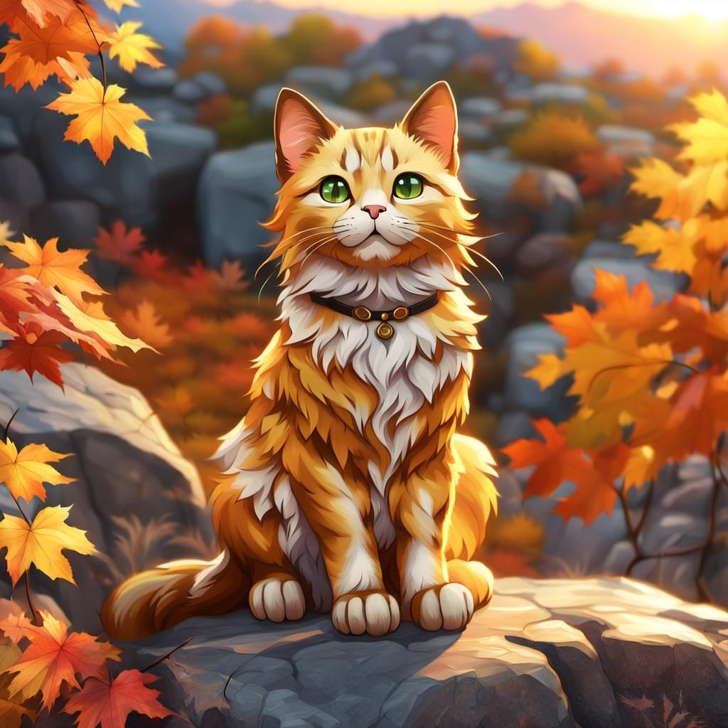 Golden Wave Cat Watching Sunset in 3D Anime Style