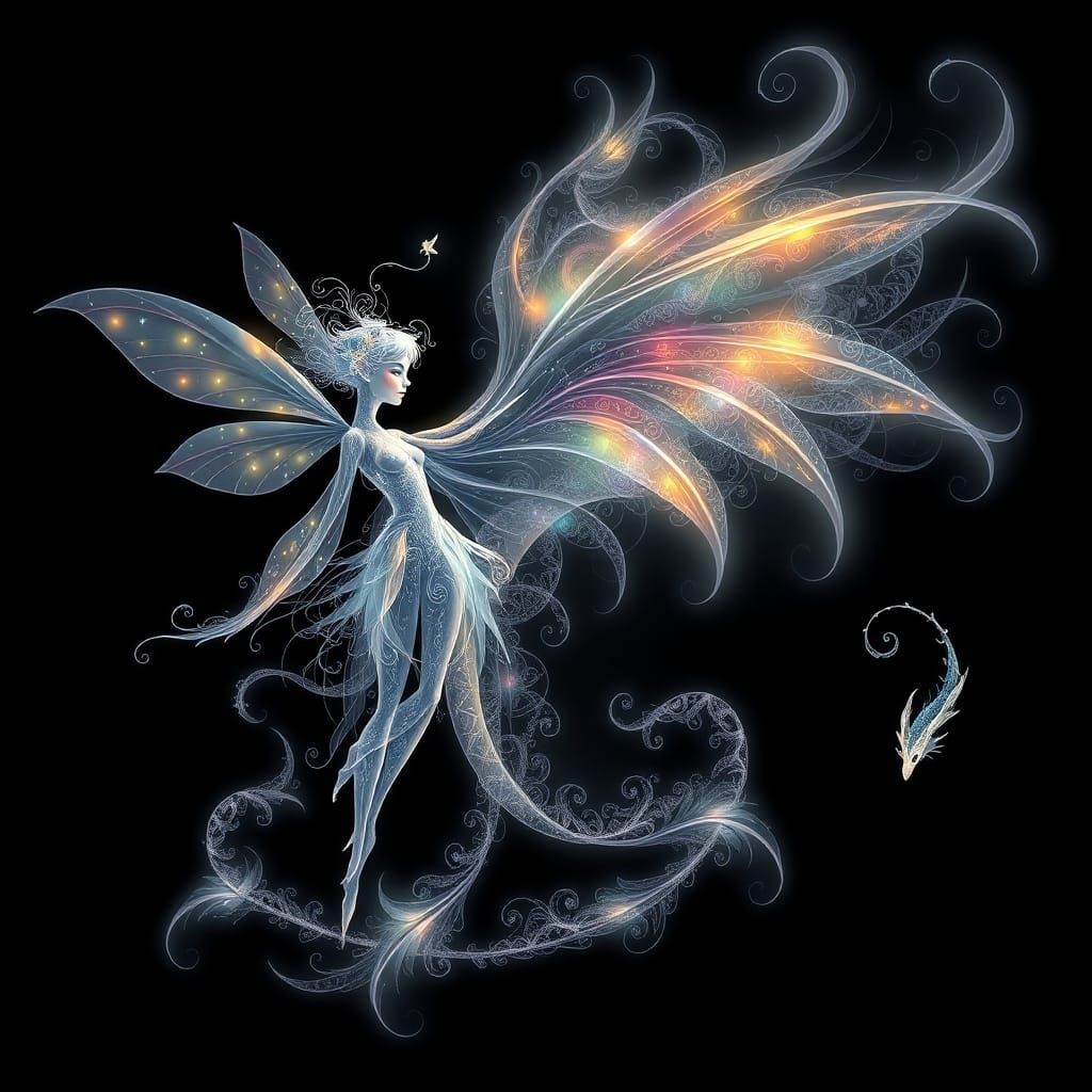 Ethereal Sprite and Dragon in Abstract Vector Art