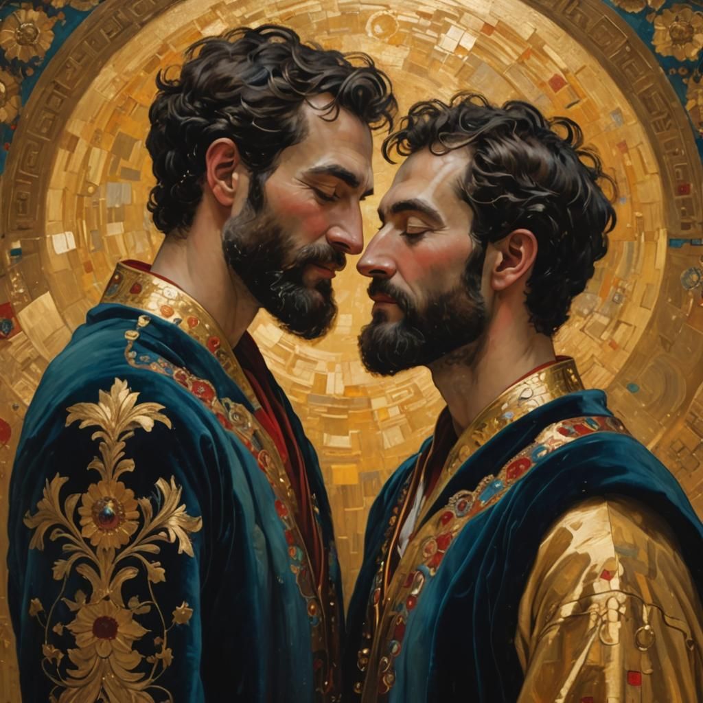 Klimt Style Portrait of Two Smiling Men