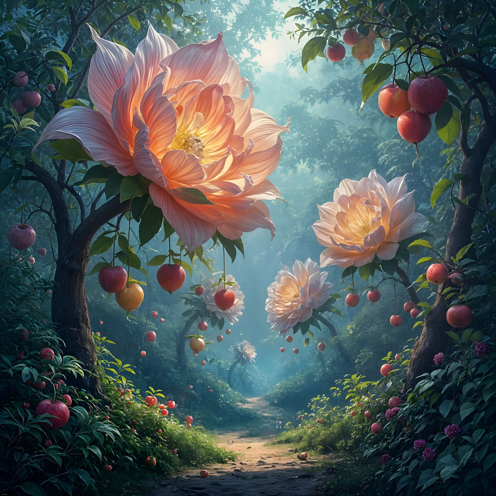 Giant Flowers With Dangling Fruits in a Weird Orchard