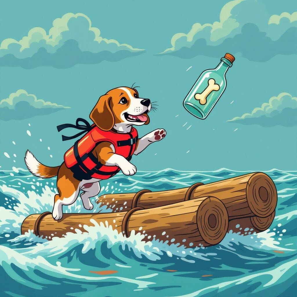 Beagle Jumps for Dog Bone Bottle on Stormy Sea