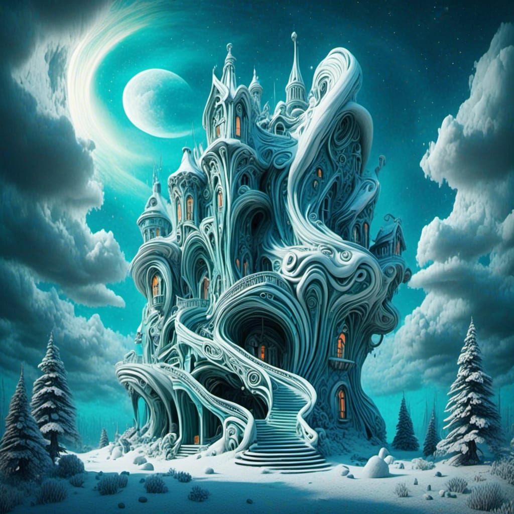 Cloud House Under Aurora Borealis in Van Gogh Style