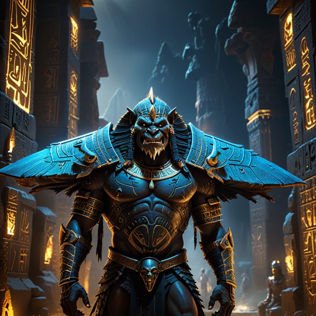 Menacing Armored Troll with Egyptian Hieroglyphics