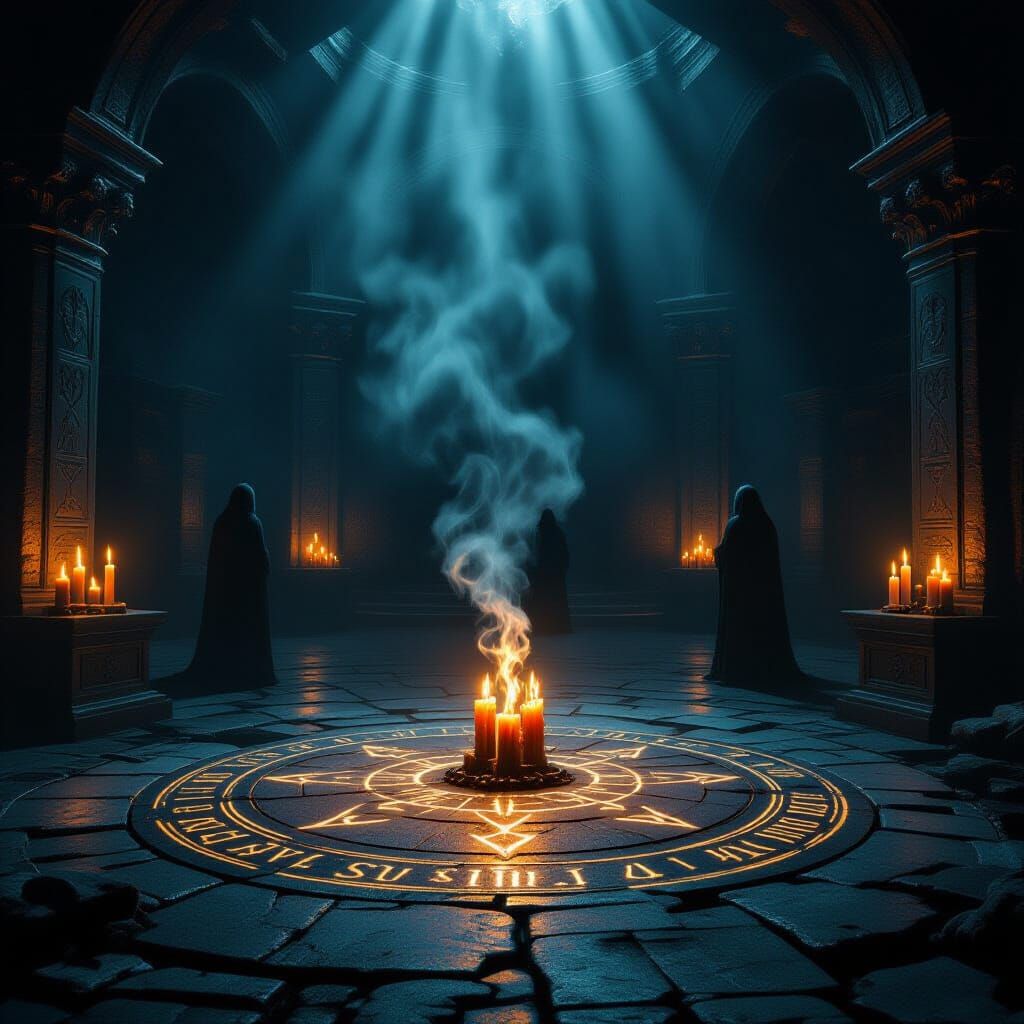 Gothic Ritual Chamber with Arcane Symbols and Shadowy Figure...