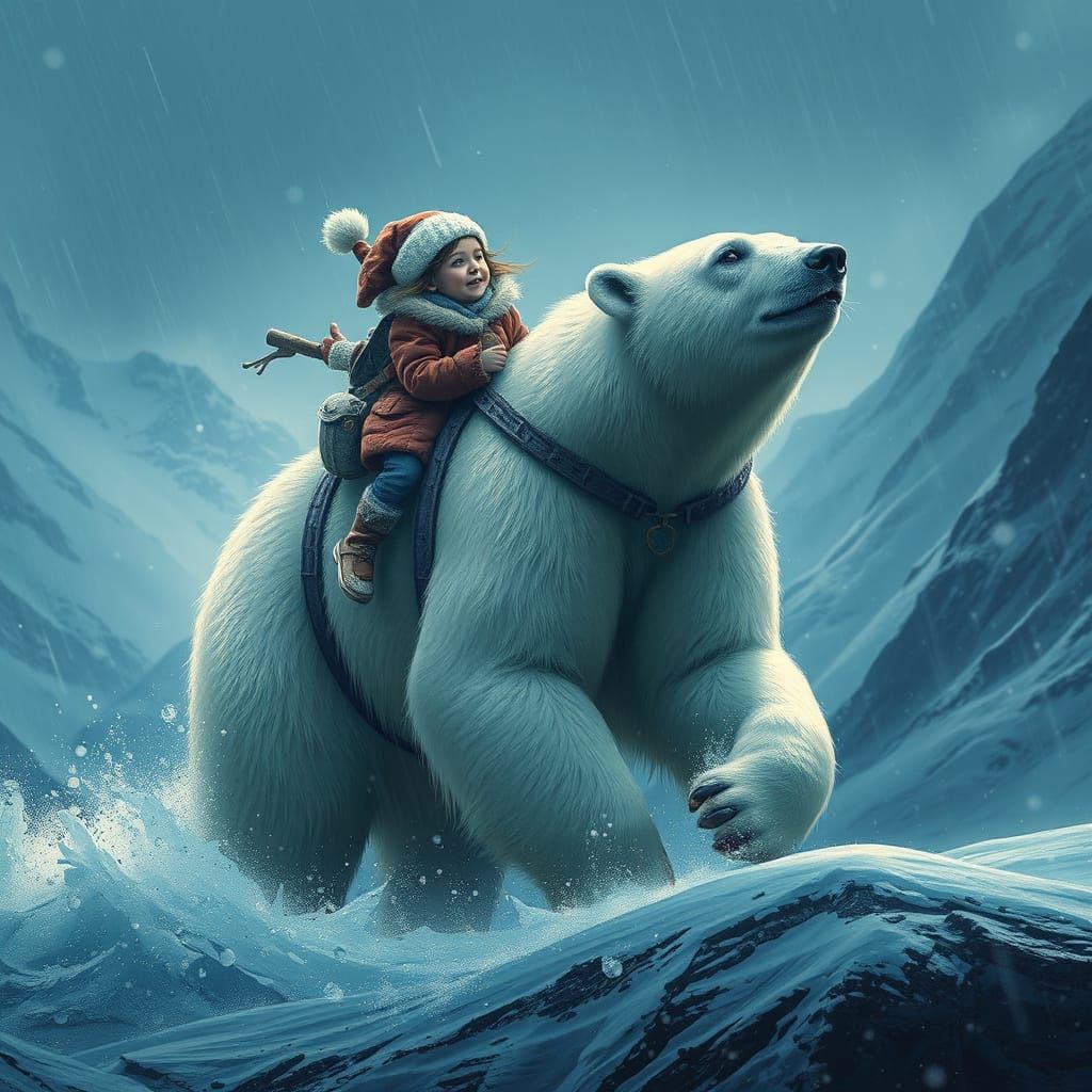 Girl Rides Polar Bear Through Mountain Snowstorm