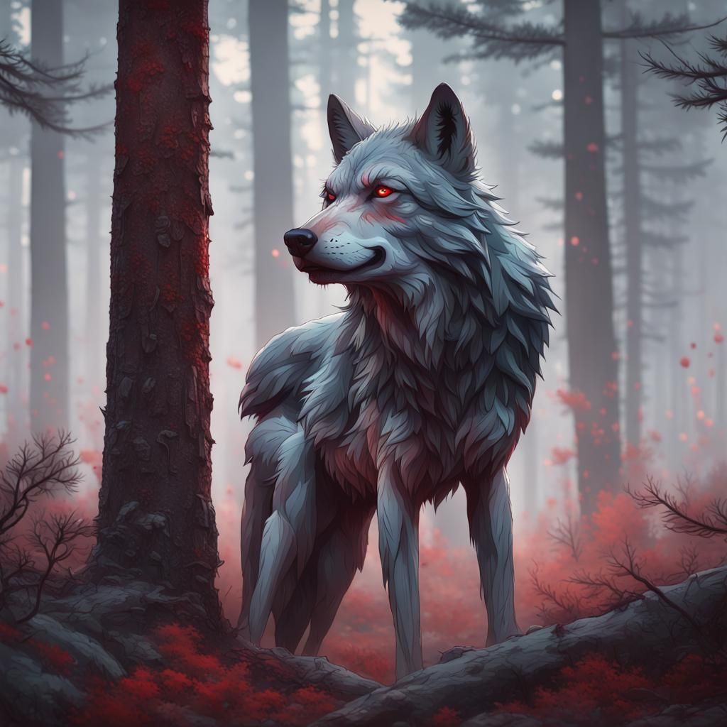 Bleeding Wolf Portrait in Foggy Forest