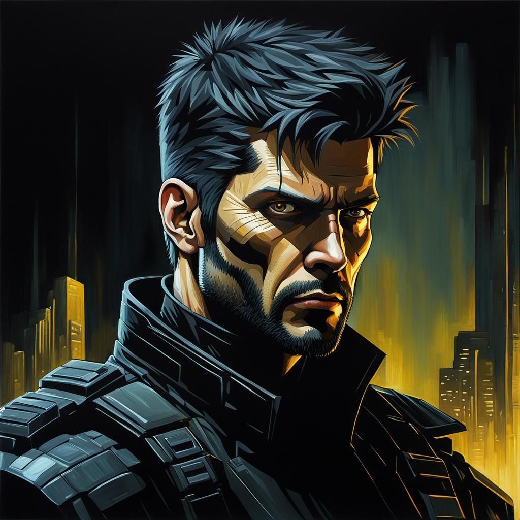 Adam Jensen Cyberpunk Portrait in Noir Style