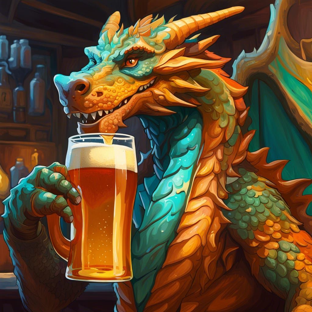 German Dragon Drinks Beer: Neo-Impressionist Concept Art