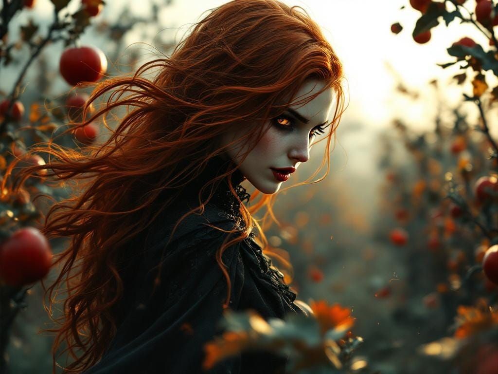 Auburn Vampire Lady in Autumn Orchard, Alphonse Mucha Style