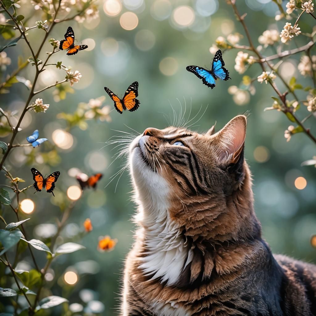 Cat and Butterfly Interaction in Natural Light