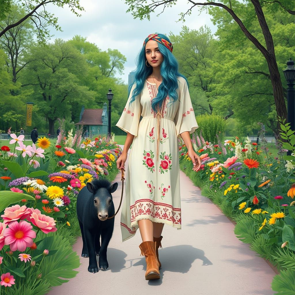 Bohemian Woman Walks Tapir in Central Park