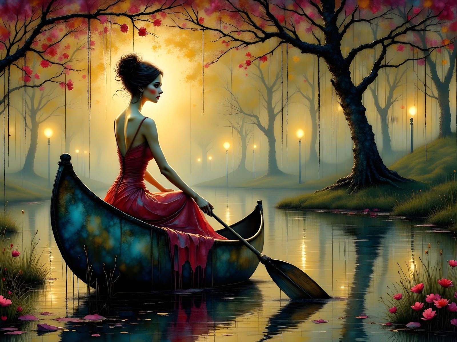 Surreal Woman in Elegant Canoe, Inspired by Art Deco