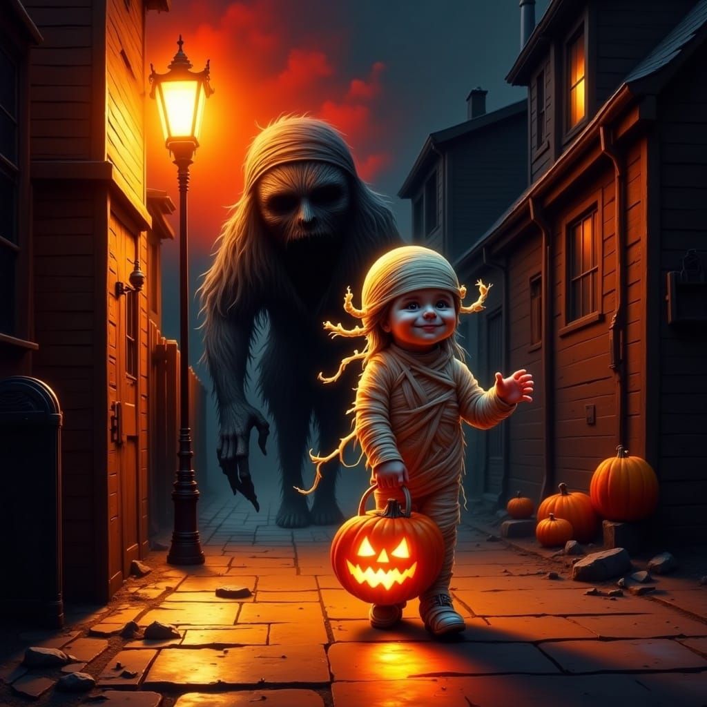 Joyful Mummy's Halloween Surprise in Dark Surrealism