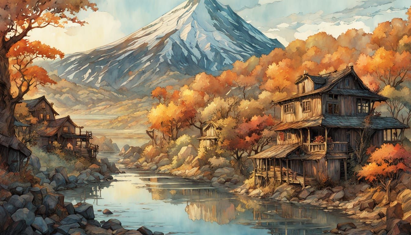 Metaphysical Mining Town with Volcano and River