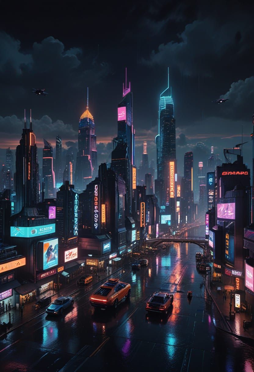 Cyberpunk Metropolis at Night with Neon Skyscrapers and Flyi...