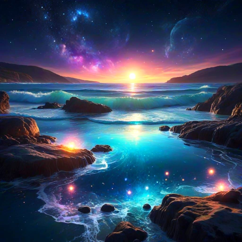 Surreal Cosmic Seascape with Iridescent Bubbles and Starligh...