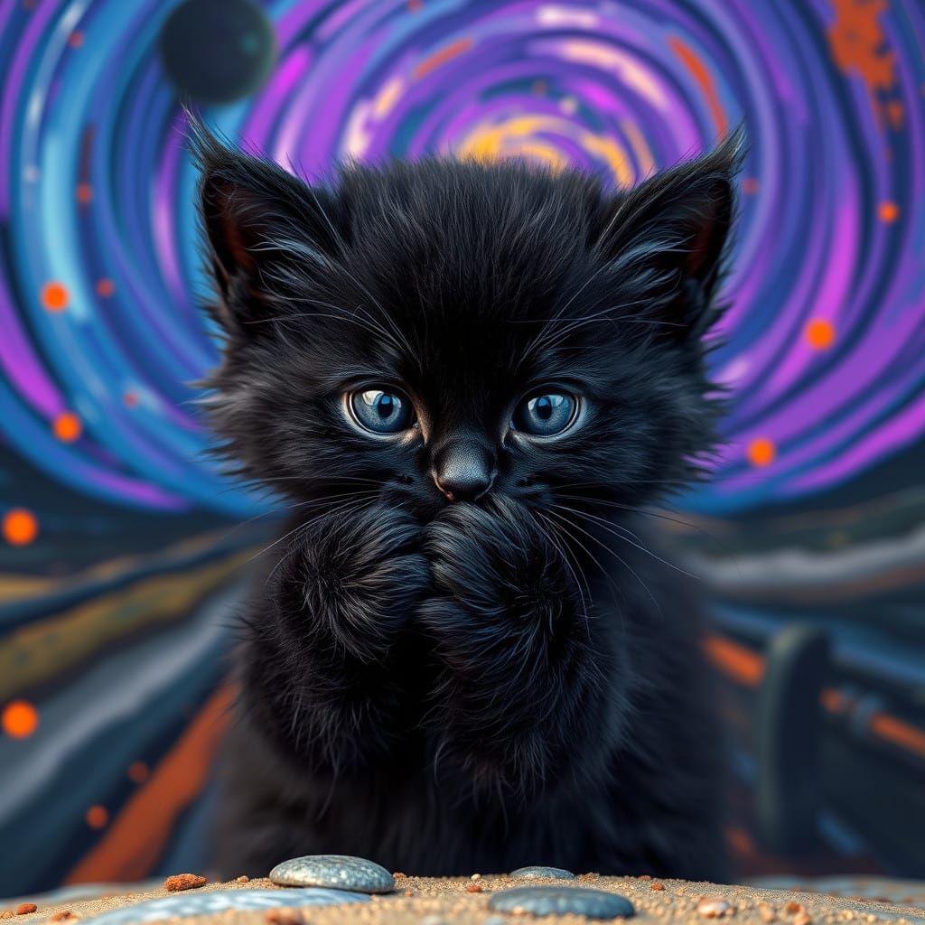 Surreal Black Kitten in Distress Amidst Vibrant Dreamlike Ba...
