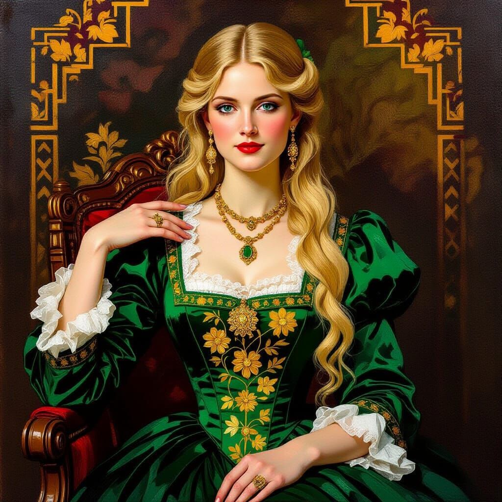 Victorian Lady in Green Dress as Impasto Painting