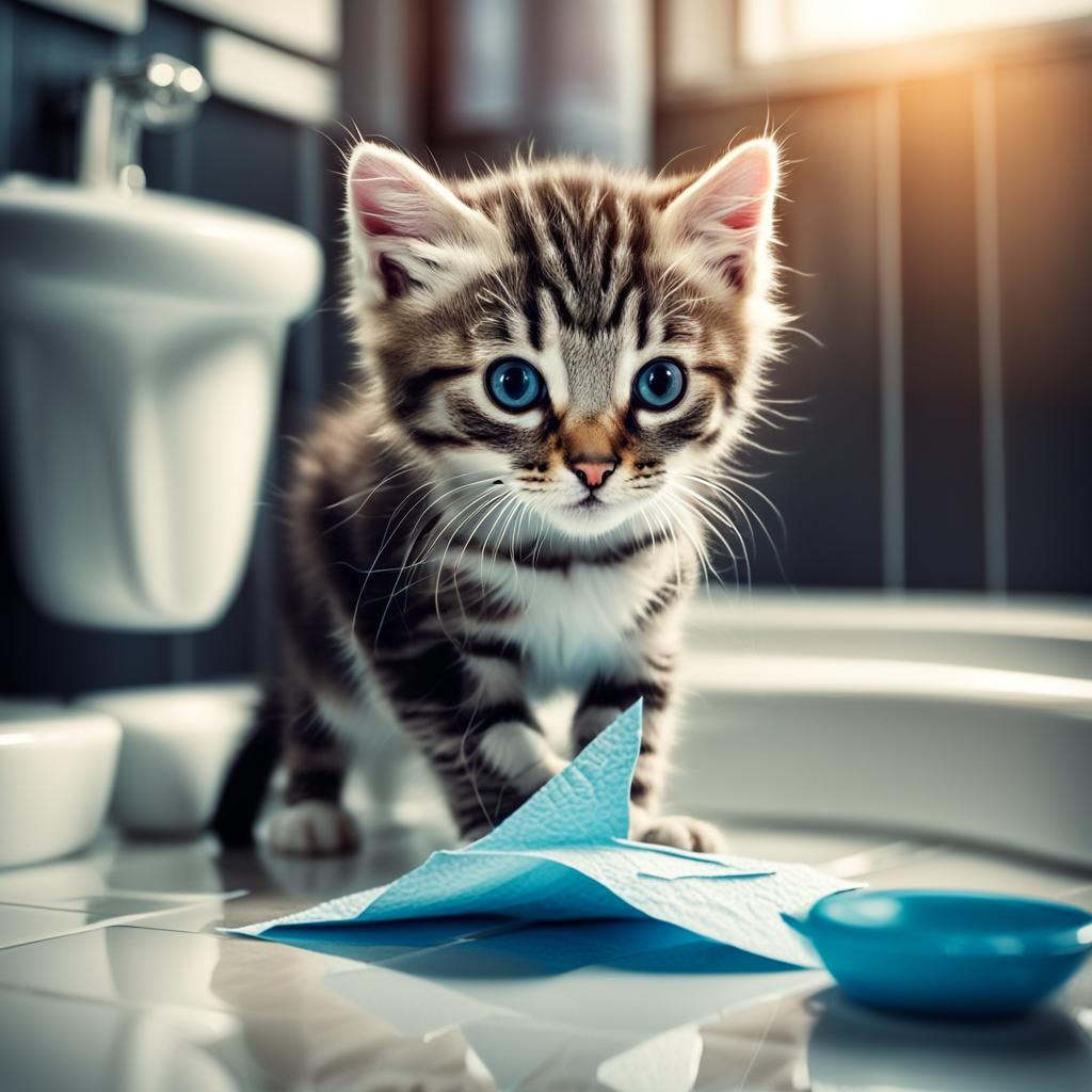 Cute Kitten Plays in Bathroom: Hyperrealistic Image