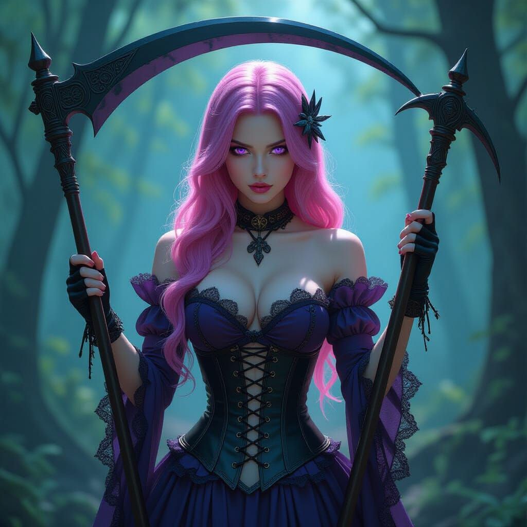 Dark Fantasy Sorceress with Scythe in Creepy Forest