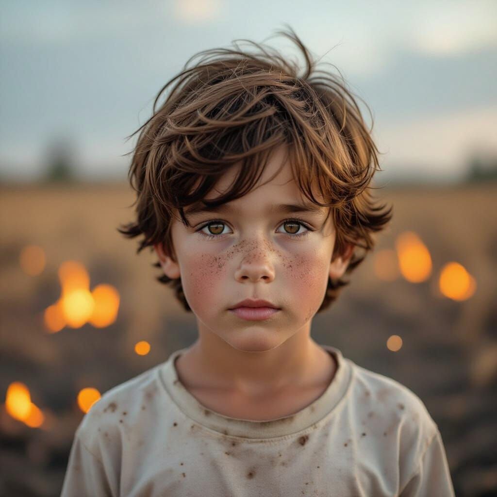 Boy in Scorched Field with Falling Embers